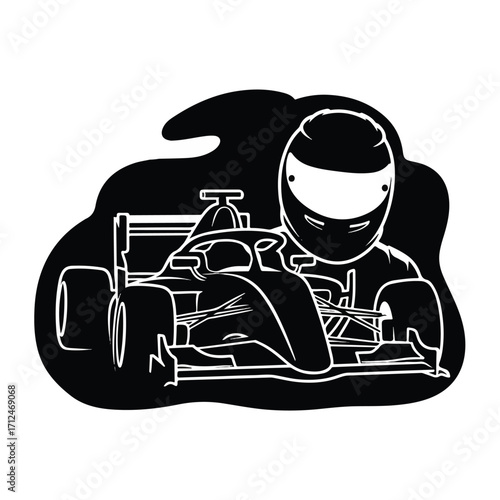 Silhouette of a Formula One race car driver in a race car.