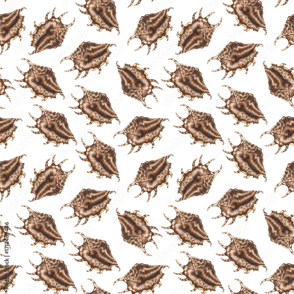 Fototapeta premium Seamless pattern with brown seashells. Hand drawn watercolor illustration of sea snails and shells on white background. Tropical clip art of coral reef animals for fabric, beach decor,wraping paper.