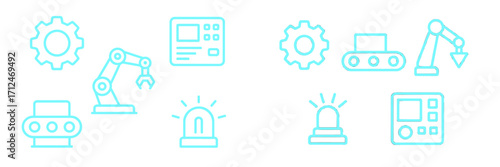 Industrial automation and manufacturing process with robotic arms, conveyor belts, gears, and control panels
