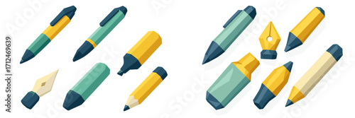 Colorful collection of writing instruments featuring pens, pencils, and fountain pens on a white background