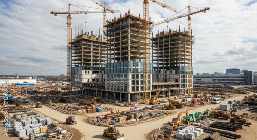 Massive Building Under Construction With Many Cranes And Heavy Equipment Around