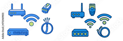Different types of networking devices and components showcased in a colorful arrangement for understanding internet connectivity