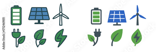 Renewable energy power sources with solar panels, wind turbines, batteries, and eco-friendly electricity symbols
