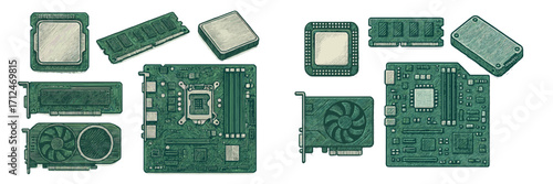 Circuit board components arranged on a flat surface showcasing various shapes and sizes with a focus on technology and design