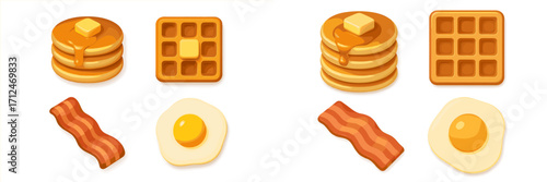 Delicious breakfast food set with fluffy pancakes, golden waffles, crispy bacon, and sunny side up fried eggs for morning meals
