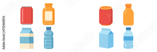 Diverse collection of beverage containers: soda cans, juice bottles, milk cartons, and plastic water bottles
