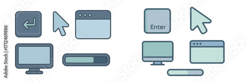 Collection of essential computer interface icons including mouse cursor, monitor, browser window, and keyboard keys for digital design