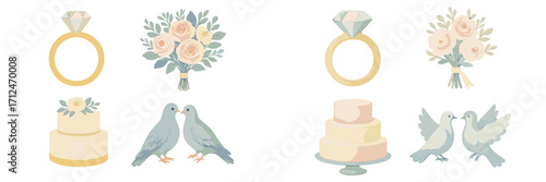 Delicate watercolor wedding collection with sparkling diamond rings blooming flower bouquets elegant tiered cakes and peaceful doves