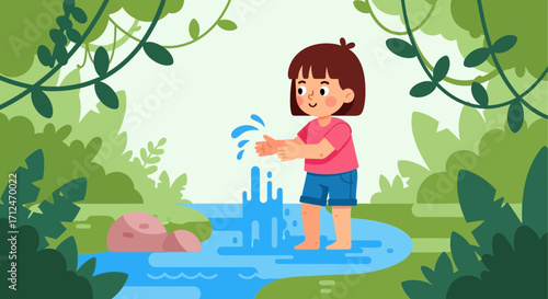 Child Playing In A Stream Creating A Refreshing Splash Amongst Lush Greenery