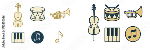 Stylized graphic icons featuring a collection of classic musical instruments including violin, drum, trumpet, piano, and various music notes