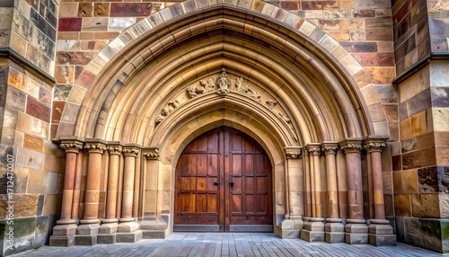 Ornate stone archway with wooden doors