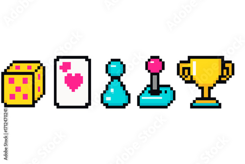Vibrant pixelated graphic assets featuring classic board game pieces, arcade controls, and a winner's trophy for retro gaming projects and digital entertainment design elements