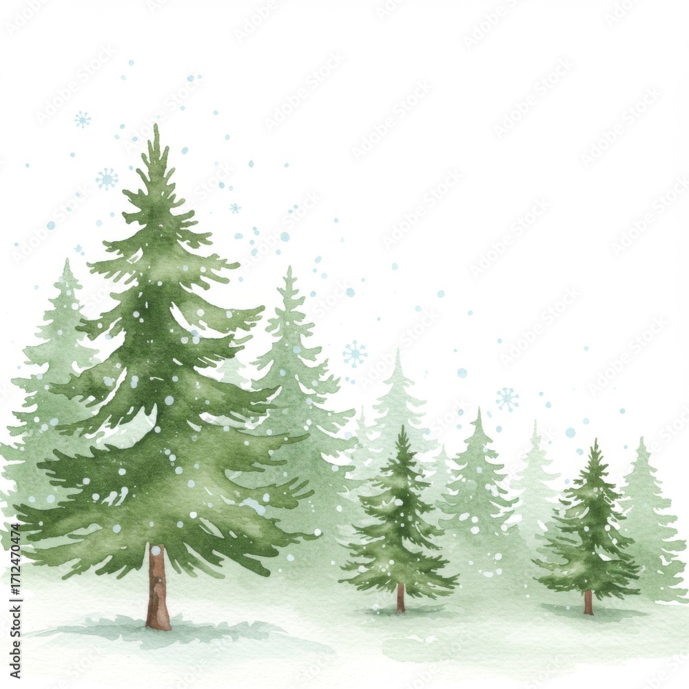 Obraz premium Watercolor Green Pine Trees in a Snowy Winter Landscape for Holiday Season