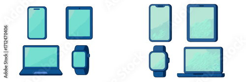 Collection of modern electronic devices including smartphones, tablets, laptops, and smartwatches for digital use