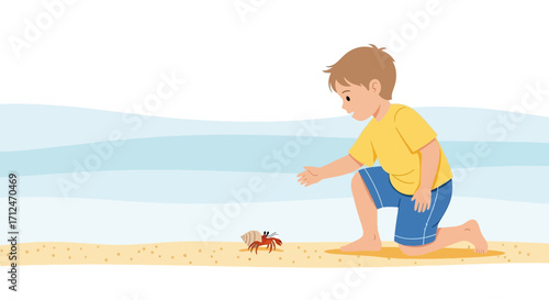 Boy Encountering Crab On Tropical Beach, Curious Moment on Sand and Sea Background