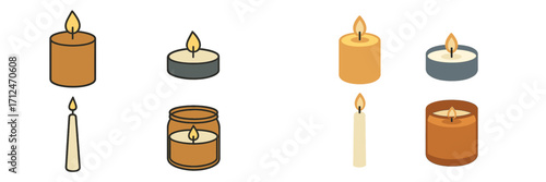 Set of diverse burning candles featuring pillar, votive, taper, and jar styles with warm glowing flames