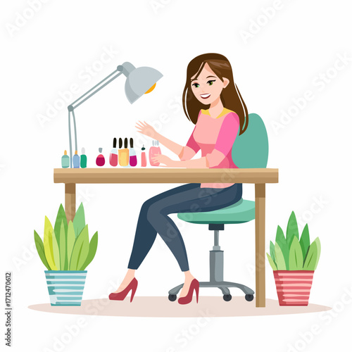 Modern vector illustration showing a nail technician working at a manicure table with professional tools and equipment. Minimalistic flat style artwork created with AI, ideal for beauty salon concepts