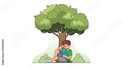 Boy Enjoying A Book While Relaxing Shadowed Beneath Green Tree