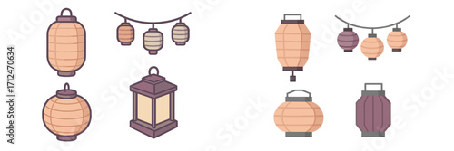 Collection of traditional Asian paper lanterns and string lights for festive decorations and cultural events
