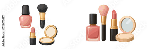 Assortment of essential beauty products and cosmetic items including nail polish, lipstick, makeup brush, and compact powder