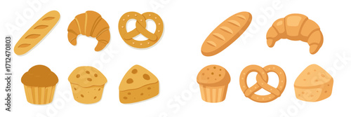 Delicious bakery items including fresh bread, croissants, pretzels, and muffins, perfect for breakfast or snack time