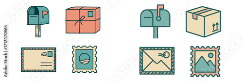 Postal service and delivery items: mailboxes, packages, envelopes, and postage stamps, symbolizing global communication