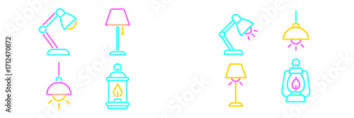 Modern bright neon outline style lamps including desk, floor, pendant, and lantern lights for interior design