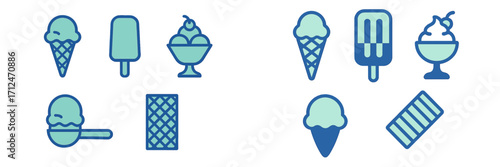 Refreshing ice cream cones, popsicles, sundaes, and frozen dessert icons for summer menus and sweet treat designs