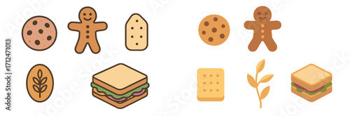 Delicious baked goods and a hearty sandwich featuring a gingerbread man, chocolate chip cookie, and wheat cracker