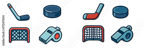 Collection of ice hockey sports equipment including pucks, sticks, goals, and whistles for winter games