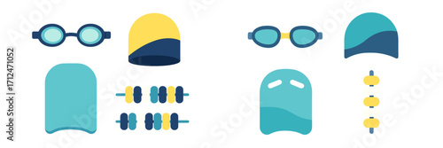 Collection of swimming pool equipment and accessories including goggles, swim caps, kickboards, and floating lane markers