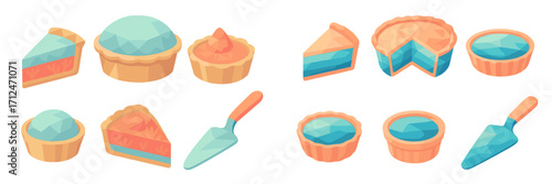Vibrant geometric dessert pies, tarts, and cake slices with a serving utensil on a clean white background