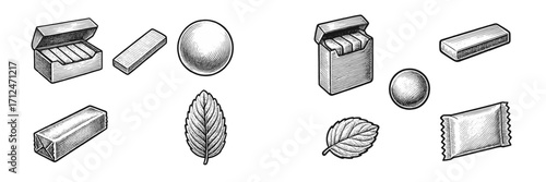 Assortment of chewing gum sticks, individual round mints, and fresh green leaves in a classic engraved style