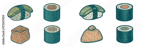 Stylized collection of various traditional Japanese sushi rolls, nigiri, and other popular Asian cuisine elements
