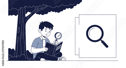 Boy Examining Information Under a Tree With a Magnifying Glass and Research
