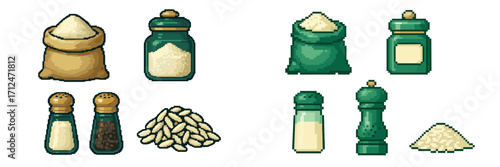 Various cooking ingredients and spices in sacks, jars, shakers, and piles, including sugar, salt, pepper, and rice, ready for culinary use