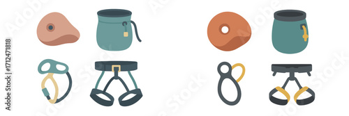 Set of essential rock climbing equipment featuring various gear for outdoor sports and adventure activities