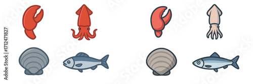 Collection of various seafood items including crab claws, squid, scallops, and fish for culinary themes and restaurant menus