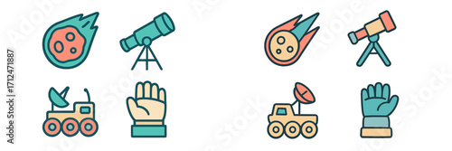 Space exploration and astronomy elements: celestial body, observation tool, planetary vehicle, astronaut equipment