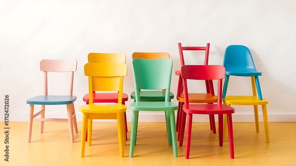 Obraz premium A playful arrangement of mismatched chairs in vibrant colors, representing whimsical seating dilemmas.