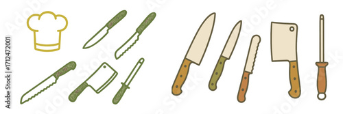 Assortment of kitchen knives, chef's hat, and sharpening steel for culinary preparation and professional cooking