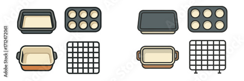 Collection of kitchen bakeware including baking pans, muffin tins, and cooling racks for cooking and dessert preparation