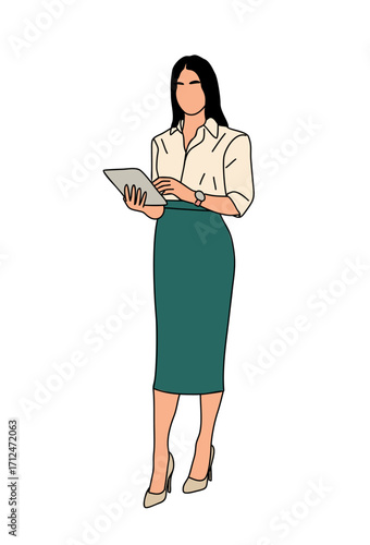 Flat vector illustration of a business woman in smart casual outfit with pencil skirt and heels, standing full length using digital tablet. Colored outline drawing isolated on transpparent background