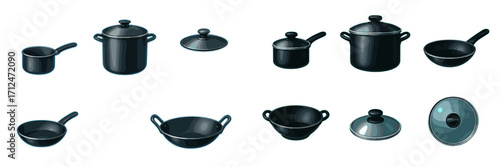 Assortment of black kitchen cooking pots, saucepans, frying pans, woks, and lids for culinary preparation