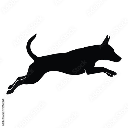 Dynamic black silhouette of a dog in mid-leap capturing movement and agility silhouette