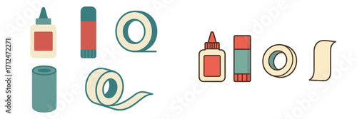 Collection of various adhesive supplies including liquid glue bottle, glue stick, and different rolls of tape