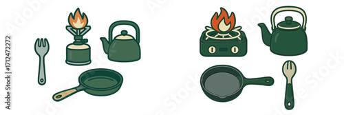 Set of essential camping cooking equipment featuring portable stoves, kettles, frying pans, and utensils