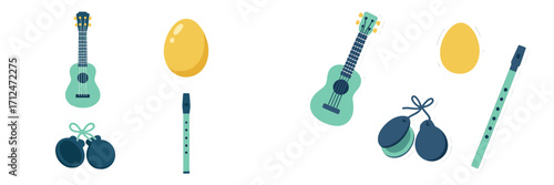 Assortment of vibrant musical instruments featuring ukuleles, castanets, flutes, and egg shakers for rhythm and melody