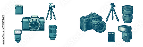 Professional photography equipment collection with cameras, lenses, tripods, flashes, and memory cards