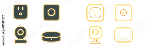 Collection of smart home technology devices and electrical outlets with a modern glowing neon design